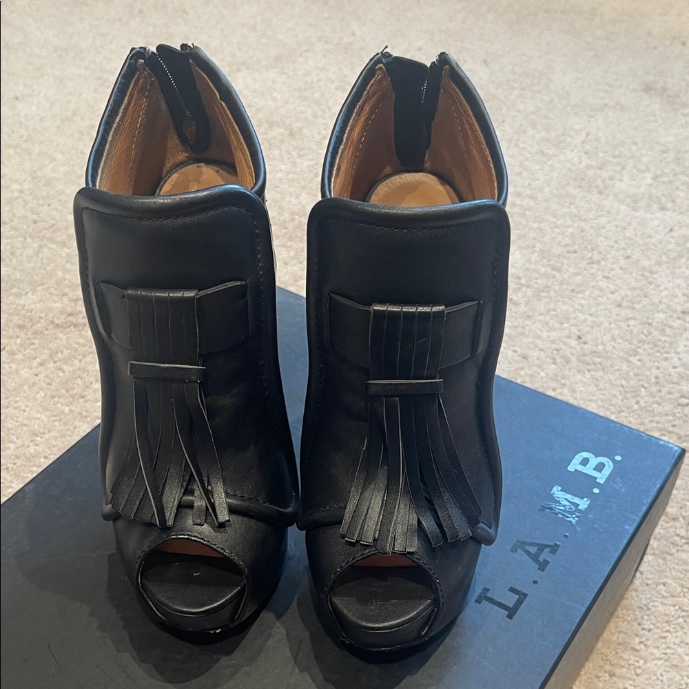 L.A.M.B. Leather Black Fringe Peep-Toe Heeled Boots
